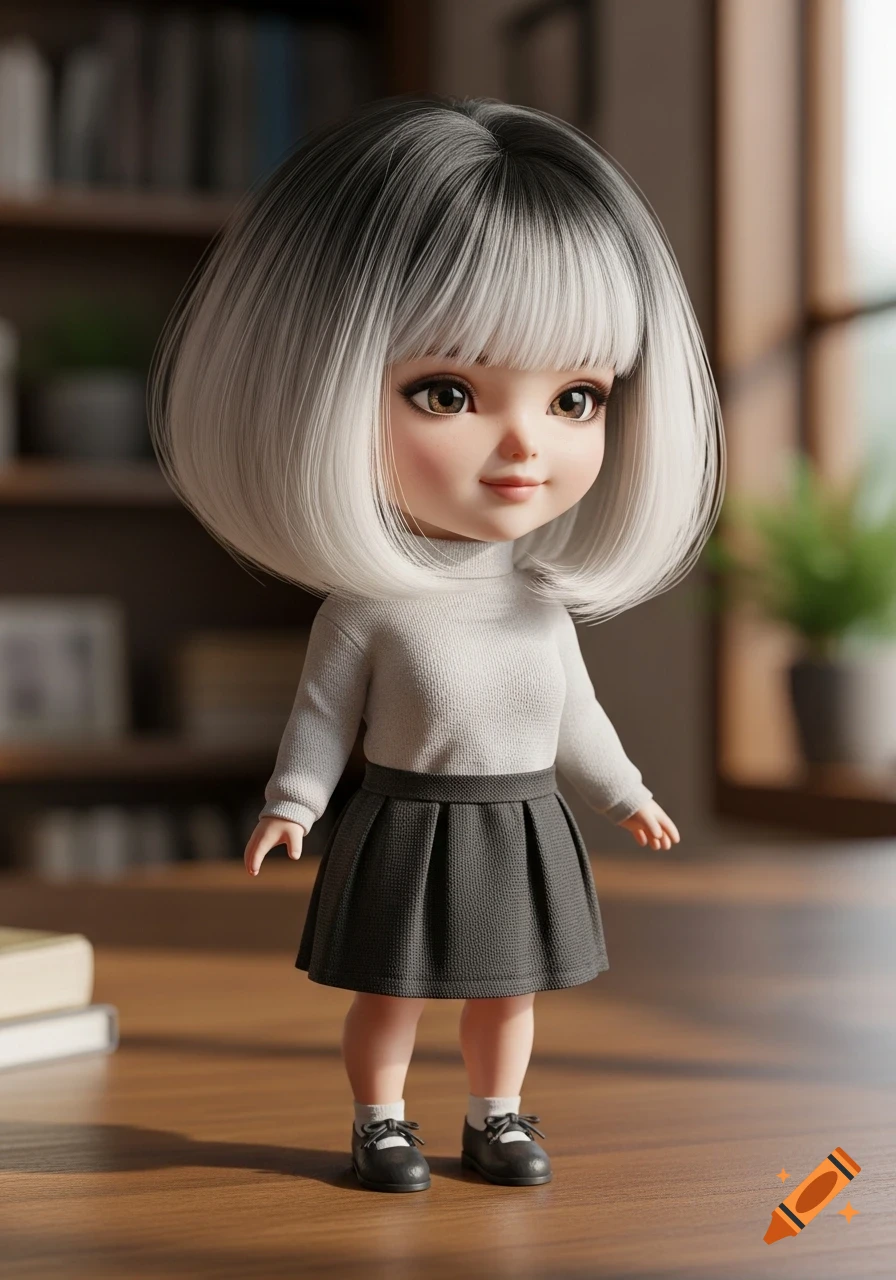 Photorealistic doll with white ombre bob hair, big eyes, wearing a white turtleneck and gray skirt, standing on a wooden table.