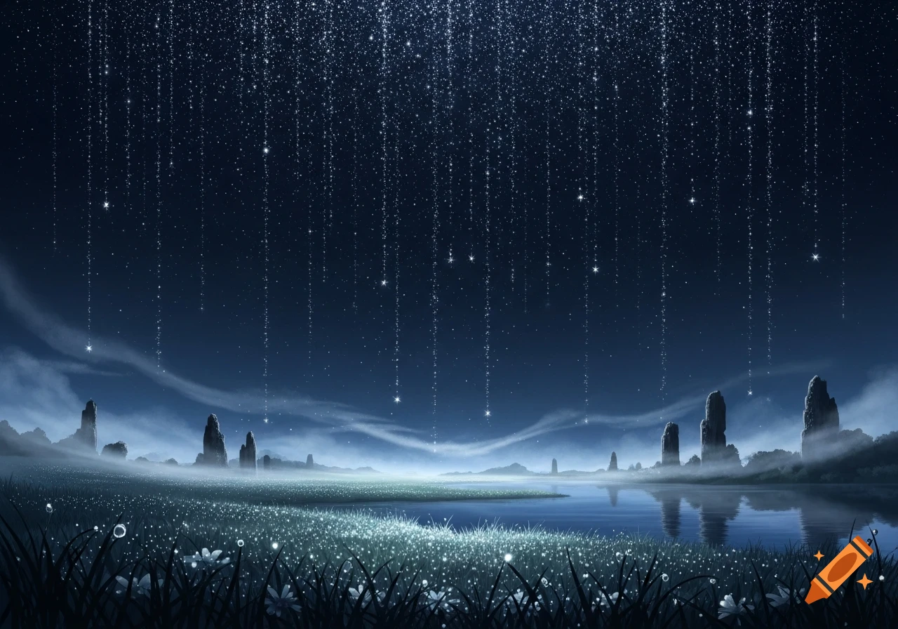 Ethereal night landscape with a starry sky and falling meteors over a misty field of glowing flowers, a calm lake, and rock formations.