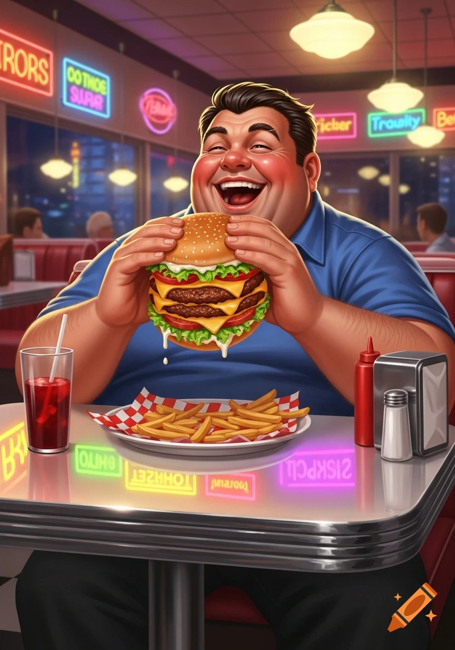A cheerful, overweight man with a big smile happily holds a towering triple cheeseburger with fries and a drink in a retro diner, with neon signs in the background.