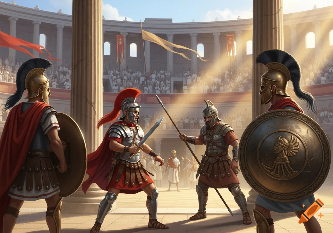 Roman and Greek warriors in ornate armor with shields and weapons in an ancient arena before a cheering crowd.