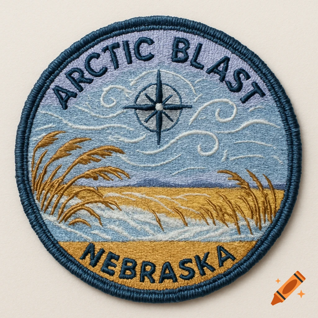 A round embroidered patch with the text "ARCTIC BLAST" and "NEBRASKA", featuring a compass rose, wheat, and a wavy blue sky over a sandy landscape.