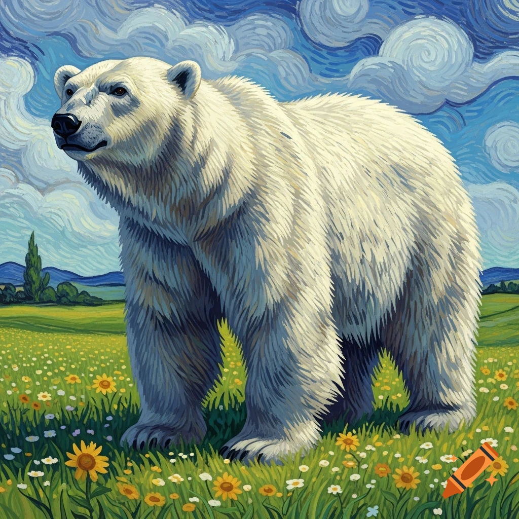 A white polar bear stands in a vibrant field of yellow and white wildflowers under a swirling blue sky, in a Van Gogh-inspired painting style.