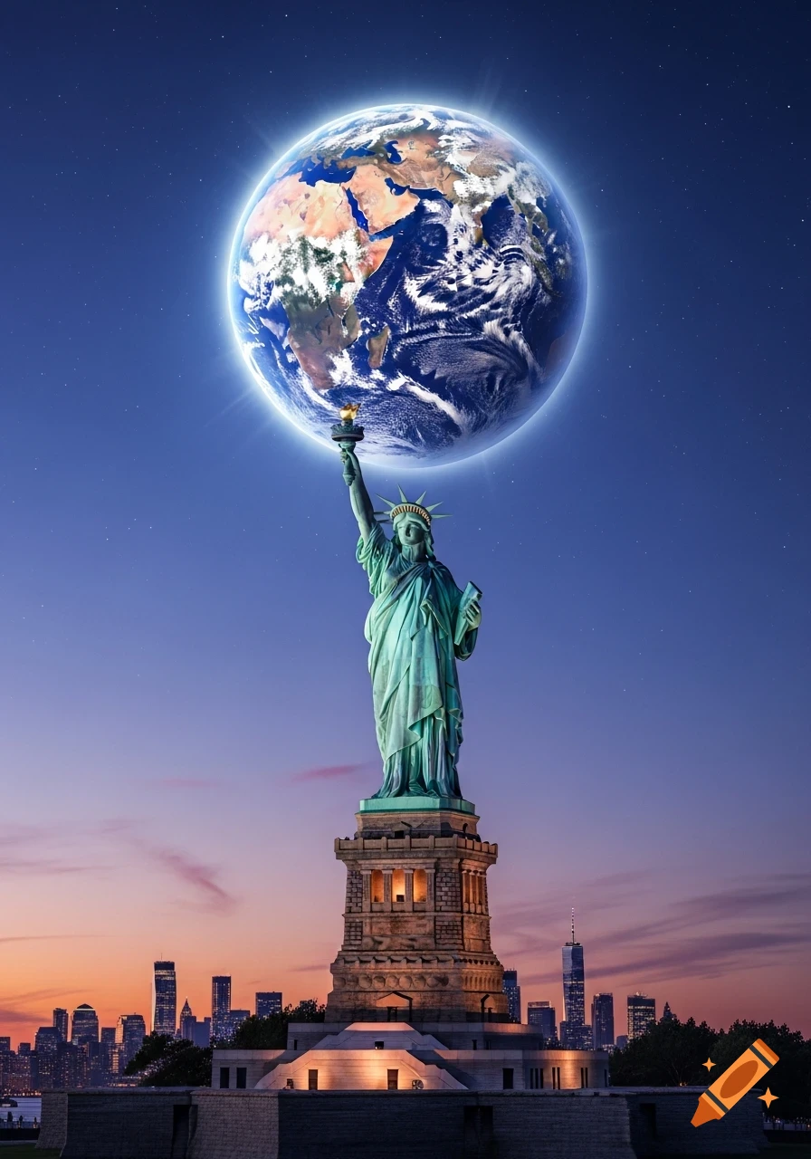 Statue of Liberty holding a glowing Earth against a twilight sky and cityscape.