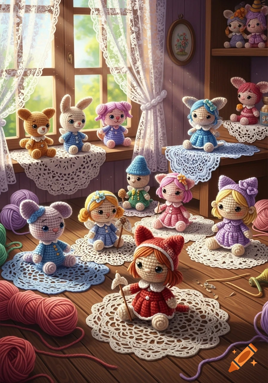 A charming scene filled with numerous colorful crochet dolls, various skeins of yarn, and intricate lace doilies on a wooden floor and windowsill.