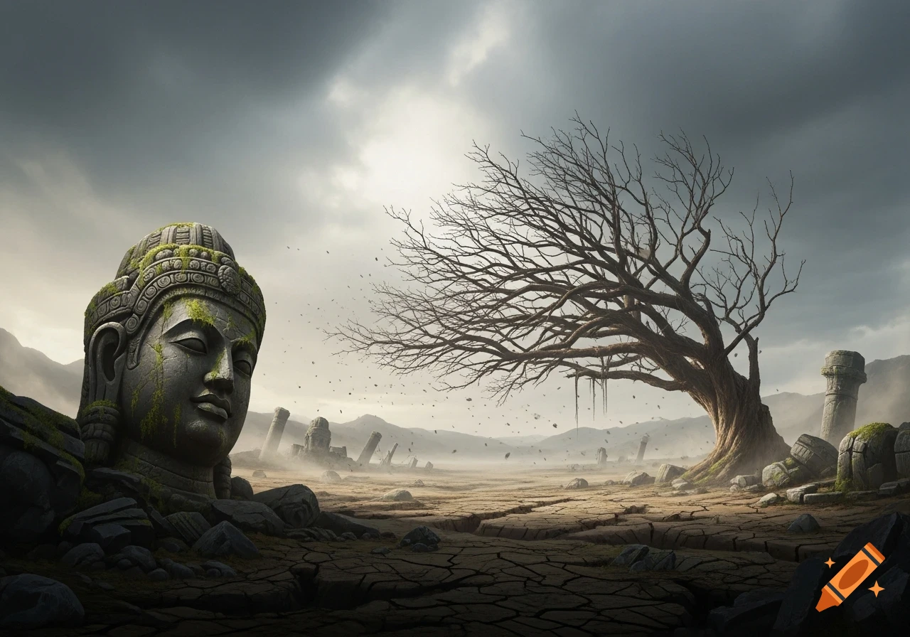 A moss-covered Buddha head statue in a cracked desert landscape with a bare, gnarled tree and ancient ruins under a dramatic sky.