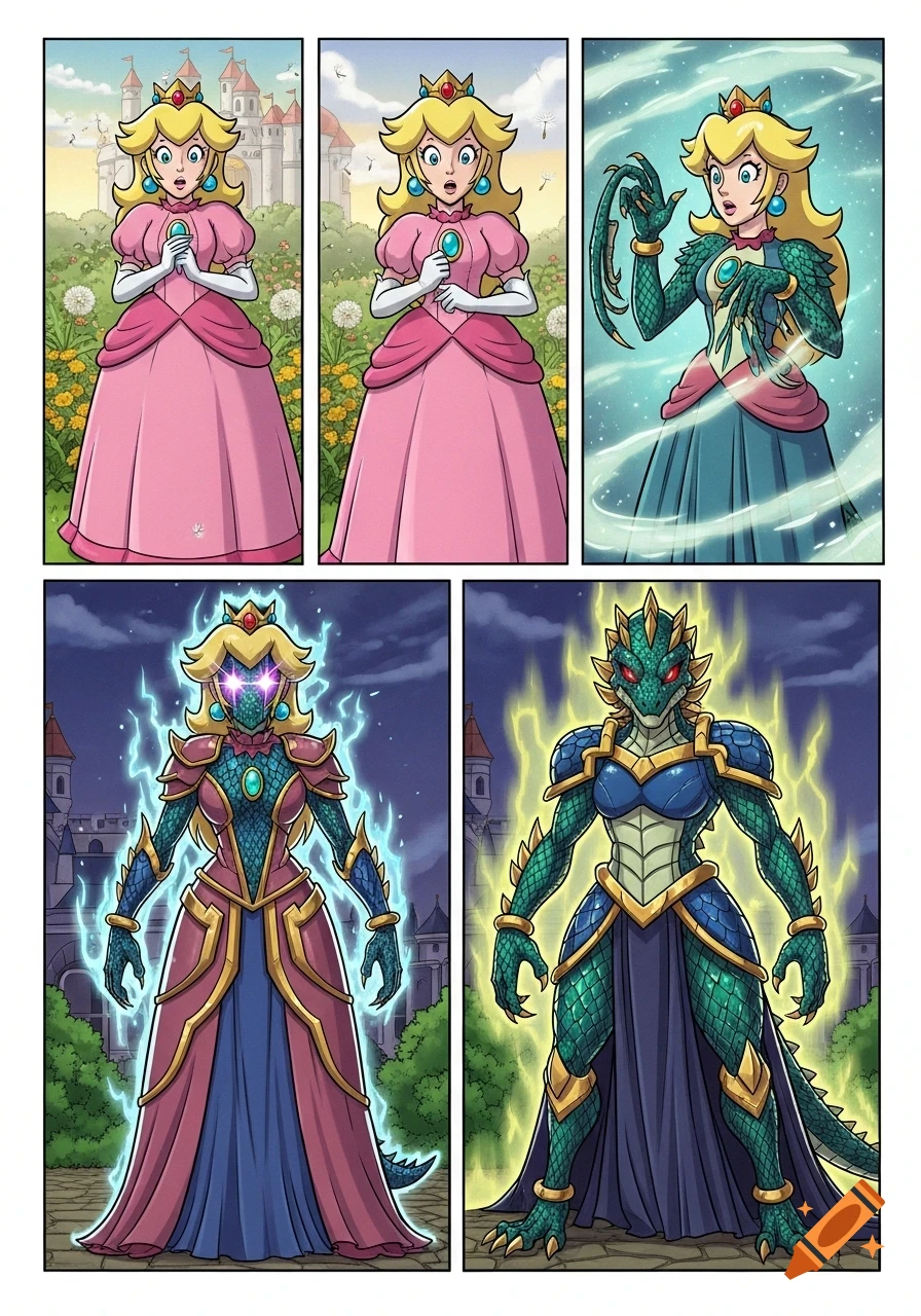 A 5-panel comic depicts Princess Peach transforming from her normal attire into a powerful, armored lizard creature with glowing energy.