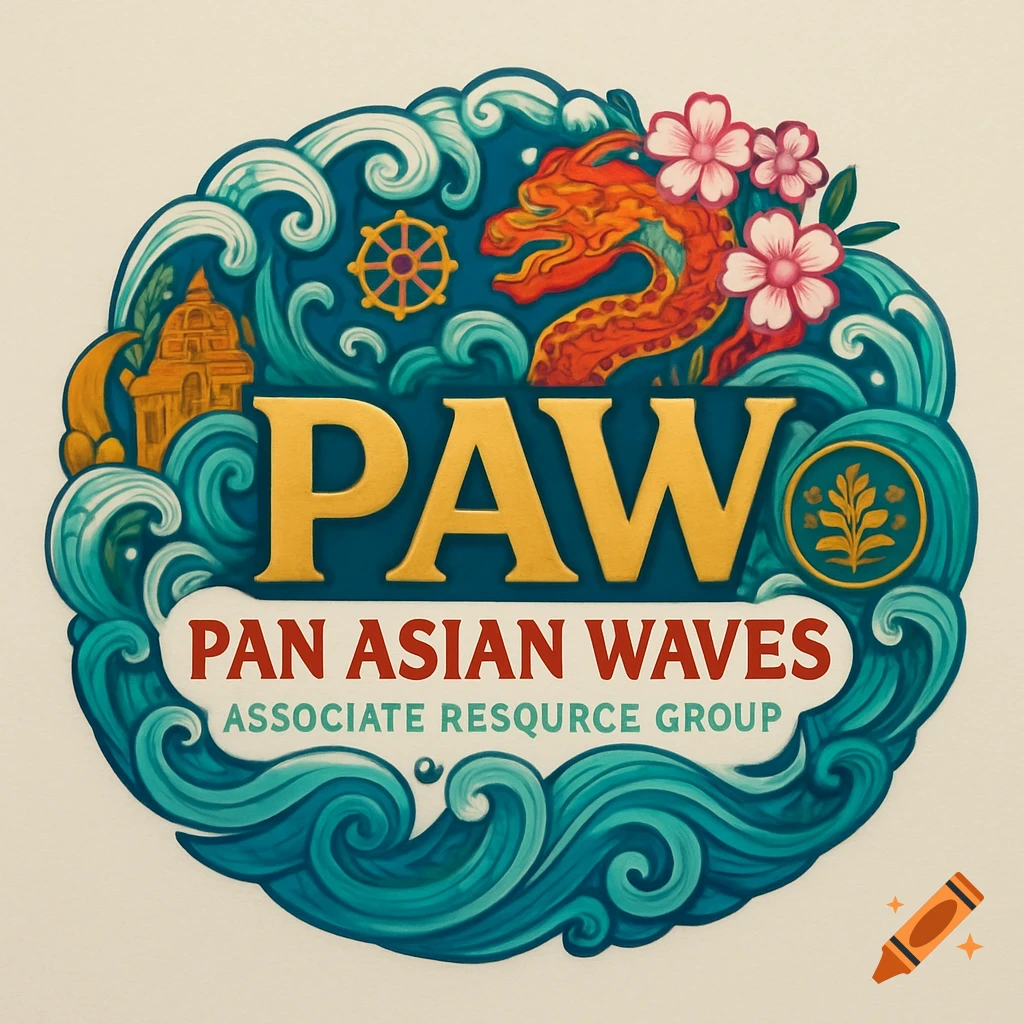 A vibrant logo featuring teal waves, an orange dragon, a golden temple, pink flowers, and text "PAW", "PAN ASIAN WAVES", "ASSOCIATE RESOURSE GROUP".