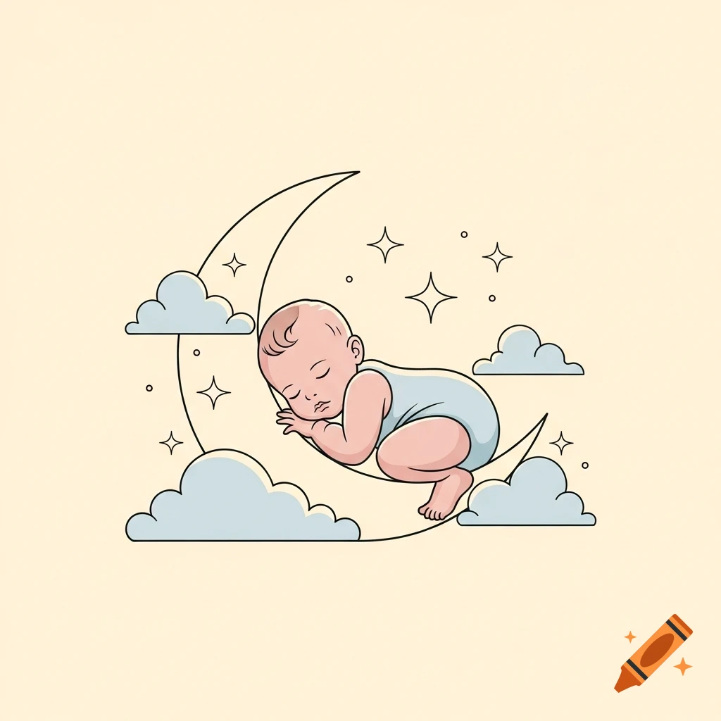 An adorable illustration of a sleeping baby wearing a light blue onesie, nestled on a crescent moon surrounded by clouds and stars.