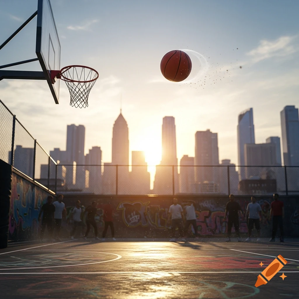 A basketball in mid-air above a hoop on an outdoor court at sunset, with blurry players and city buildings in the background.