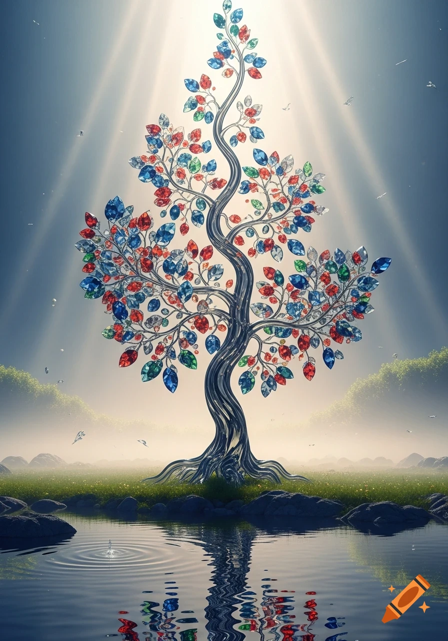 A shimmering tree with a metallic trunk and colorful gem-like leaves, reflected in a still pond within a misty landscape under sun rays.
