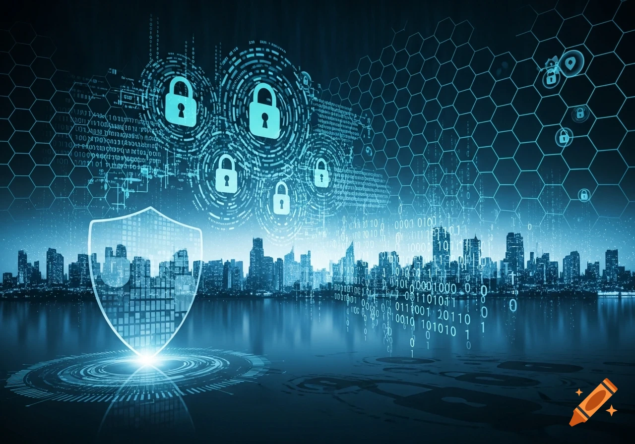 A stylized digital cityscape at night with a glowing shield and padlock icons, representing cybersecurity or data protection.