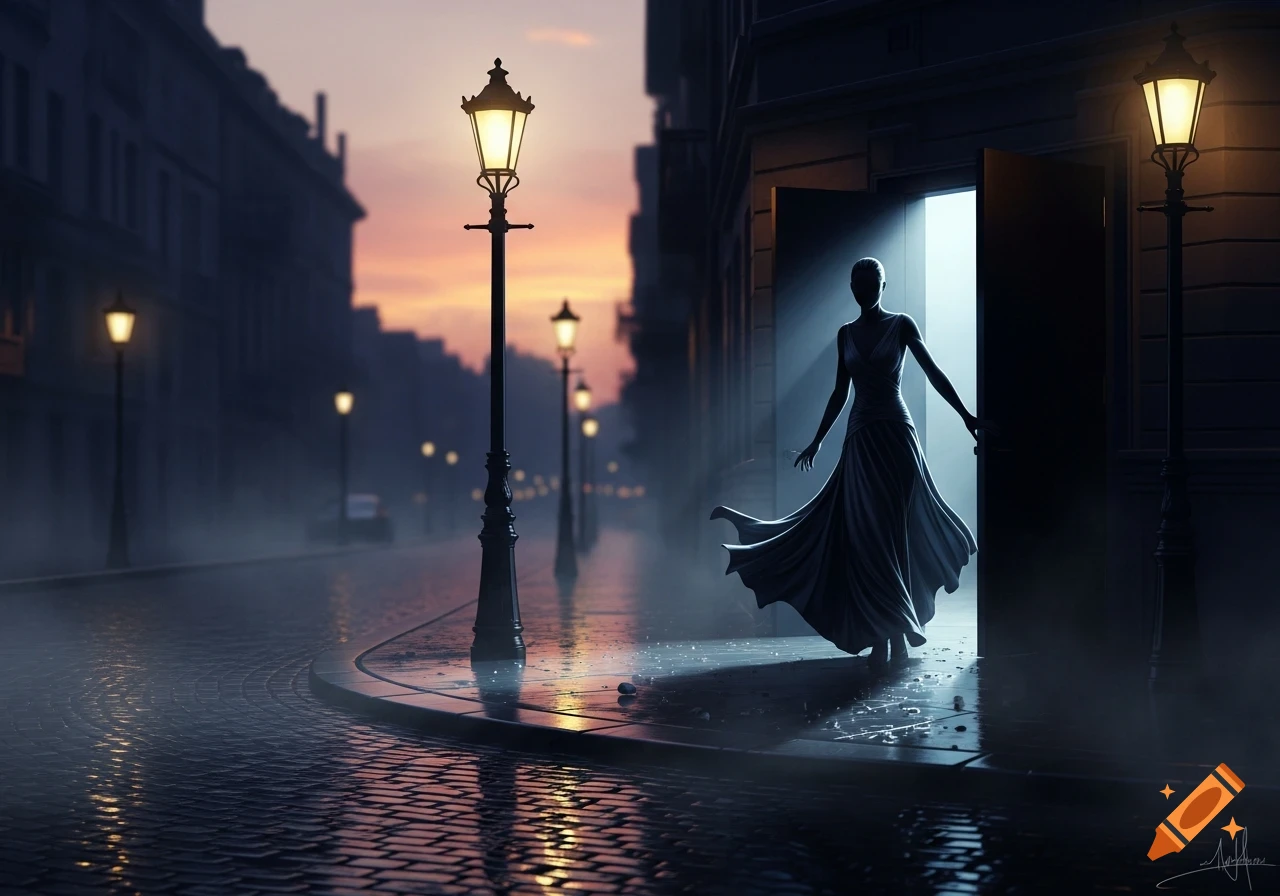 A silhouetted woman in a flowing dress steps from a glowing doorway onto a foggy, wet cobblestone street at dusk, lined with lampposts.