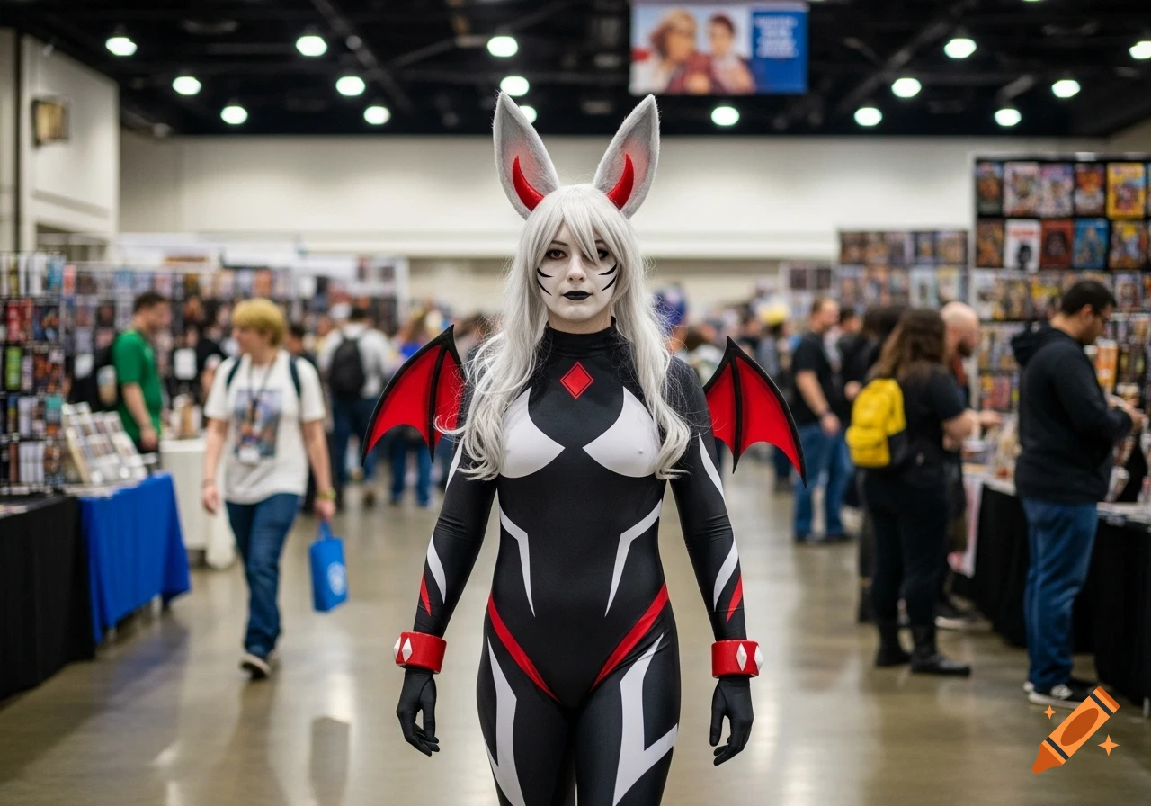 A person cosplaying as Loona from Helluva Boss, with white hair, bat ears, and a black, white, and red bodysuit, poses at a comic book convention.