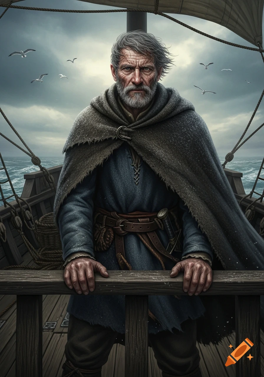 A weathered old man with a grey beard and hooded cape stands on a wooden ship's deck, looking intensely at sea under a cloudy sky.