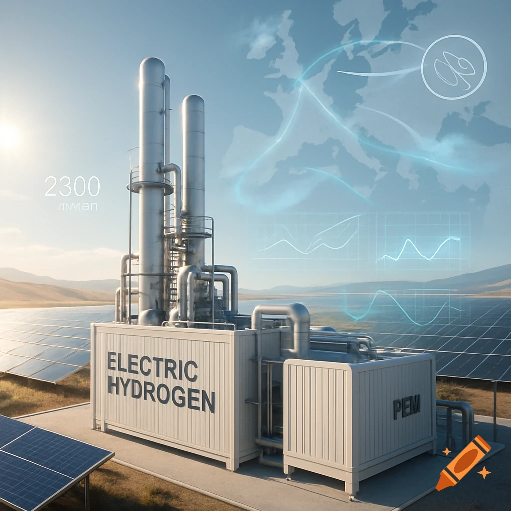 A hyperrealistic illustration of a modern green hydrogen electrolyzer plant powered by solar panels in a sunny landscape. Digital overlays show data streams and a map of Europe.