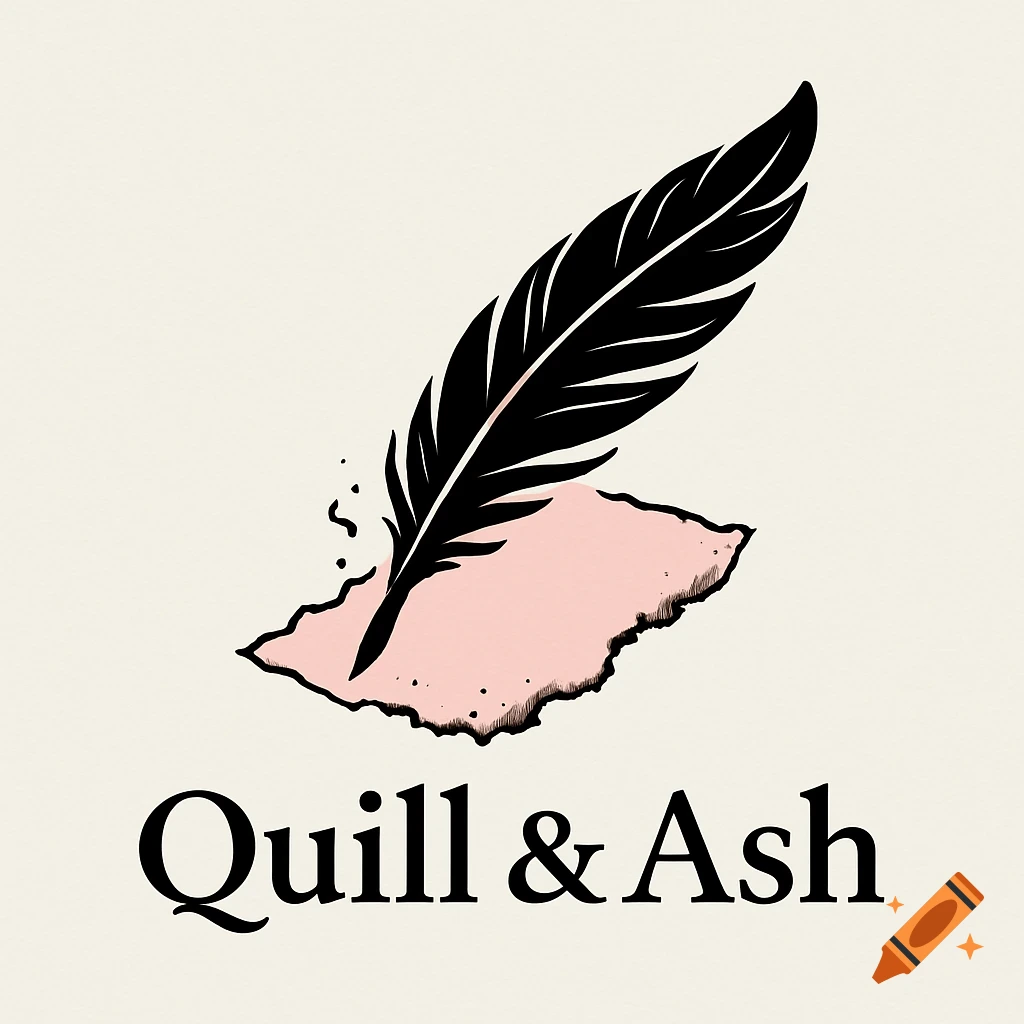 A stylized logo featuring a black quill feather standing on a piece of burnt pink paper, with the text "Quill & Ash" below, on a cream background.