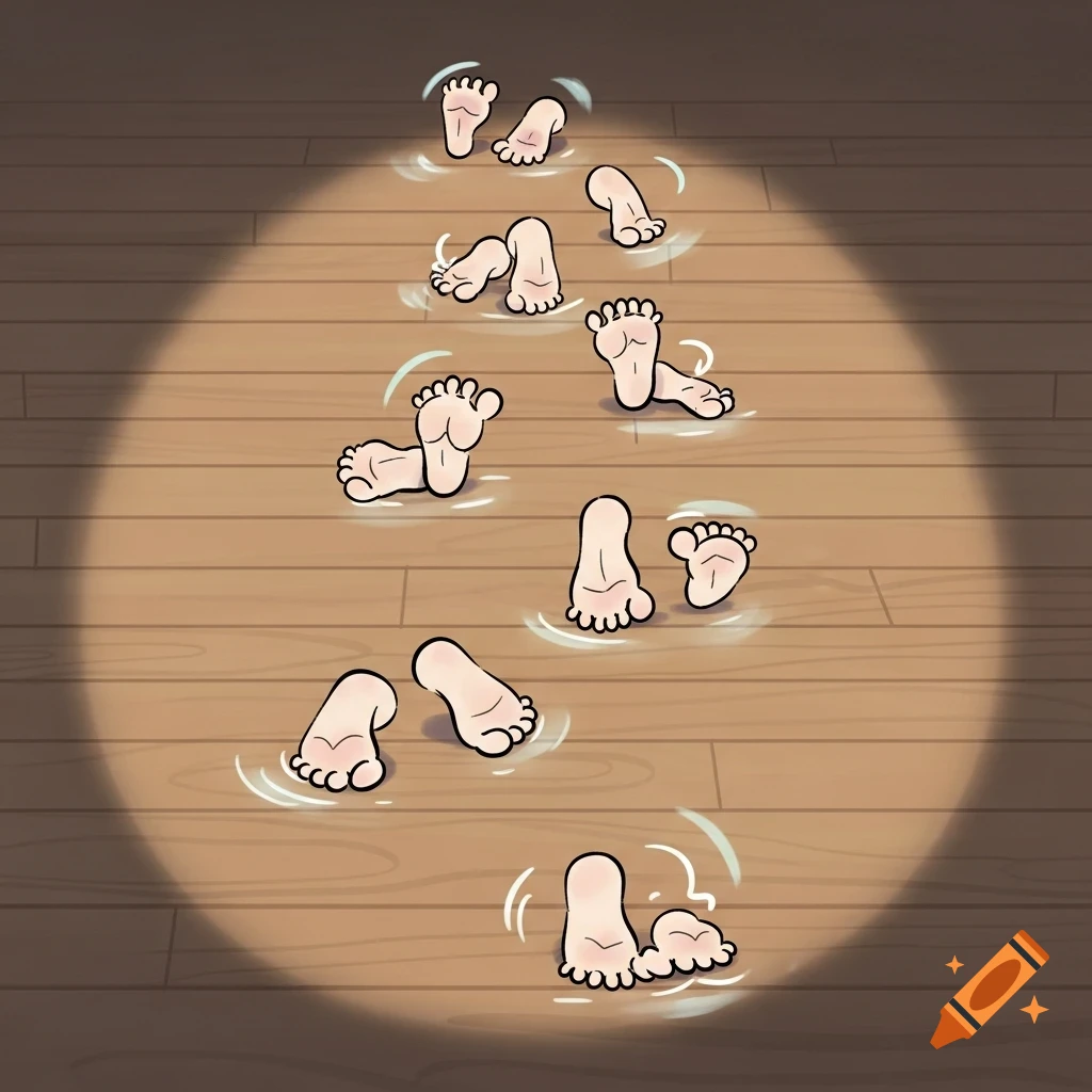 Cartoon illustration of various feet performing dance steps on a wooden floor with water splashes, under a spotlight.