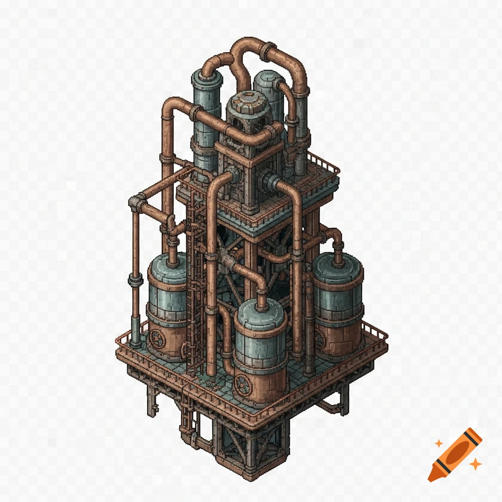 Isometric pixel art of a dingy iron pumping station with mechanical tubes, connected fluid tanks, and platforms, on a transparent background.
