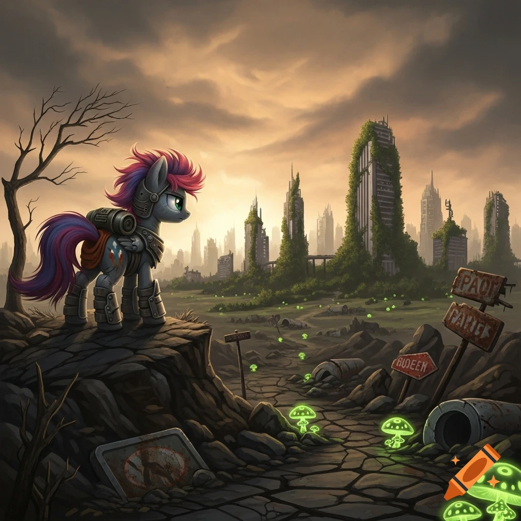 An armored pony with pink and purple mane stands on a rock, overlooking an overgrown, ruined city and glowing mushrooms in a desolate landscape.