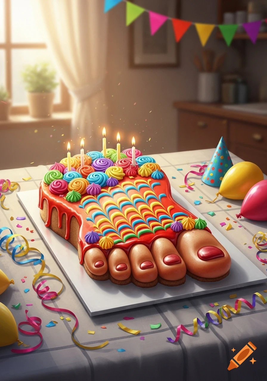 A colorful, foot-shaped birthday cake with lit candles, confetti, balloons, and a party hat on a table.