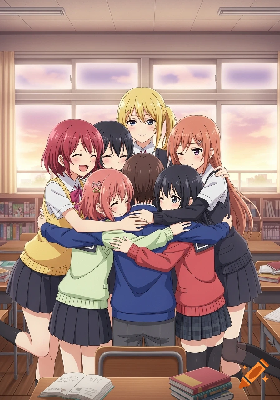 Anime students in a group hug in a classroom at sunset.
