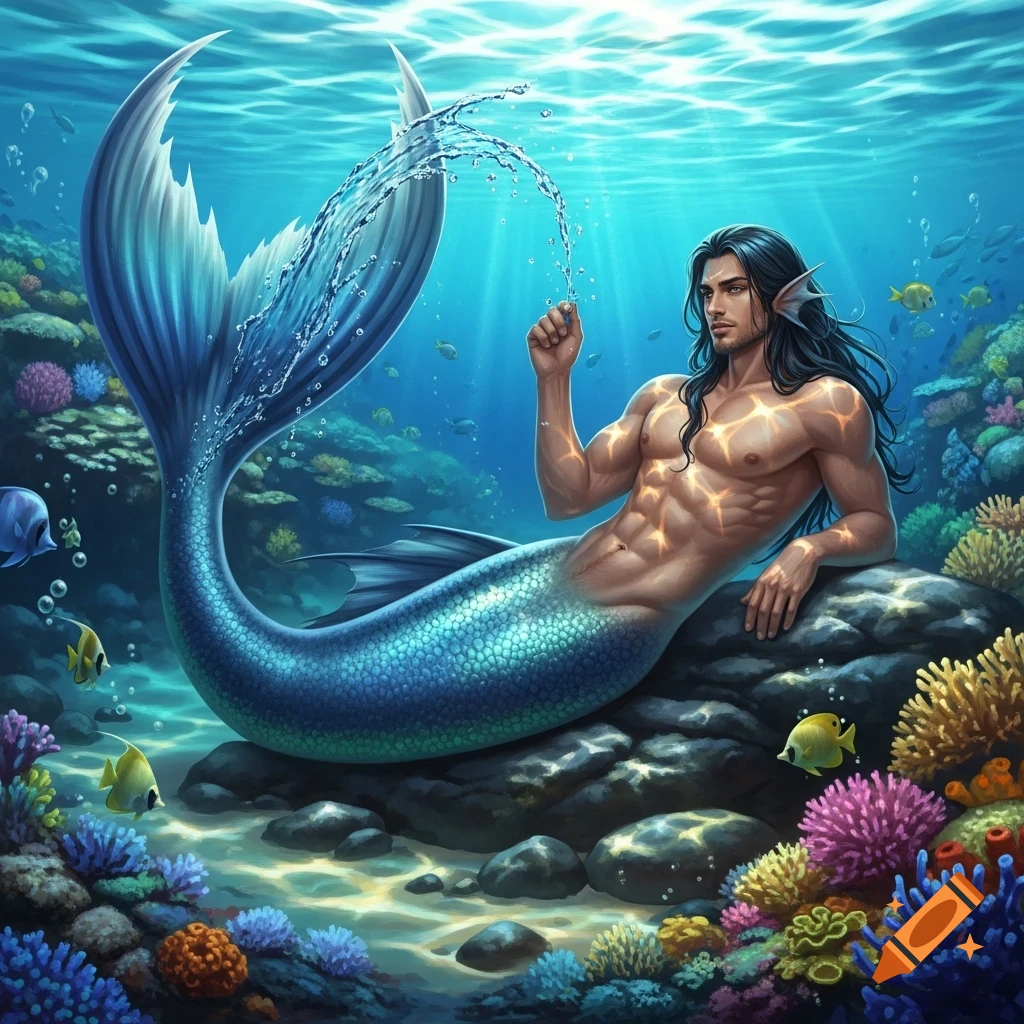 A muscular merman with long dark hair and a blue-green tail reclines on a rock in a vibrant coral reef, with water splashing from his hand.