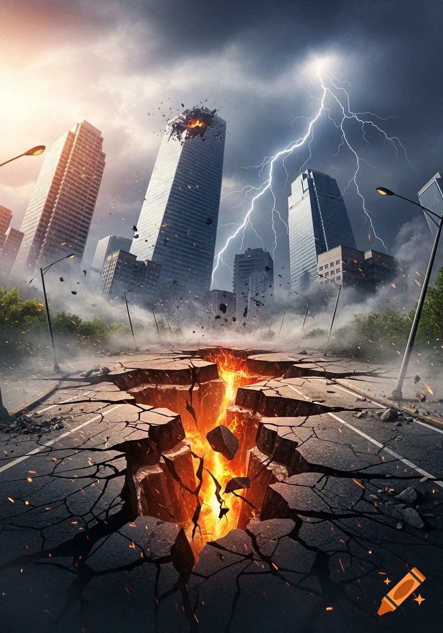 A city street splits open with molten lava, lightning strikes buildings, and debris flies through a stormy sky during an earthquake.