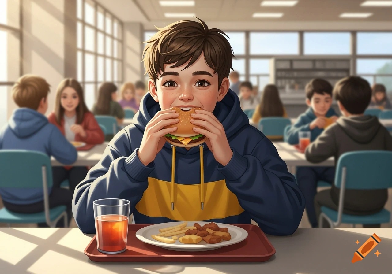 A cartoon boy in a blue and yellow hoodie eats a hamburger with fries and a drink in a school cafeteria.