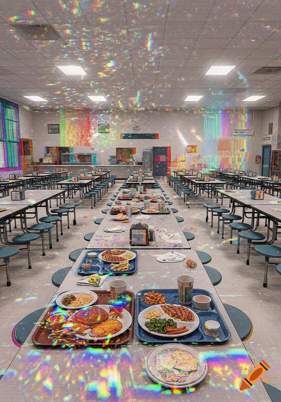 A wide view of a vibrant, glitch art style high school cafeteria with rows of tables, chairs, and trays of food.