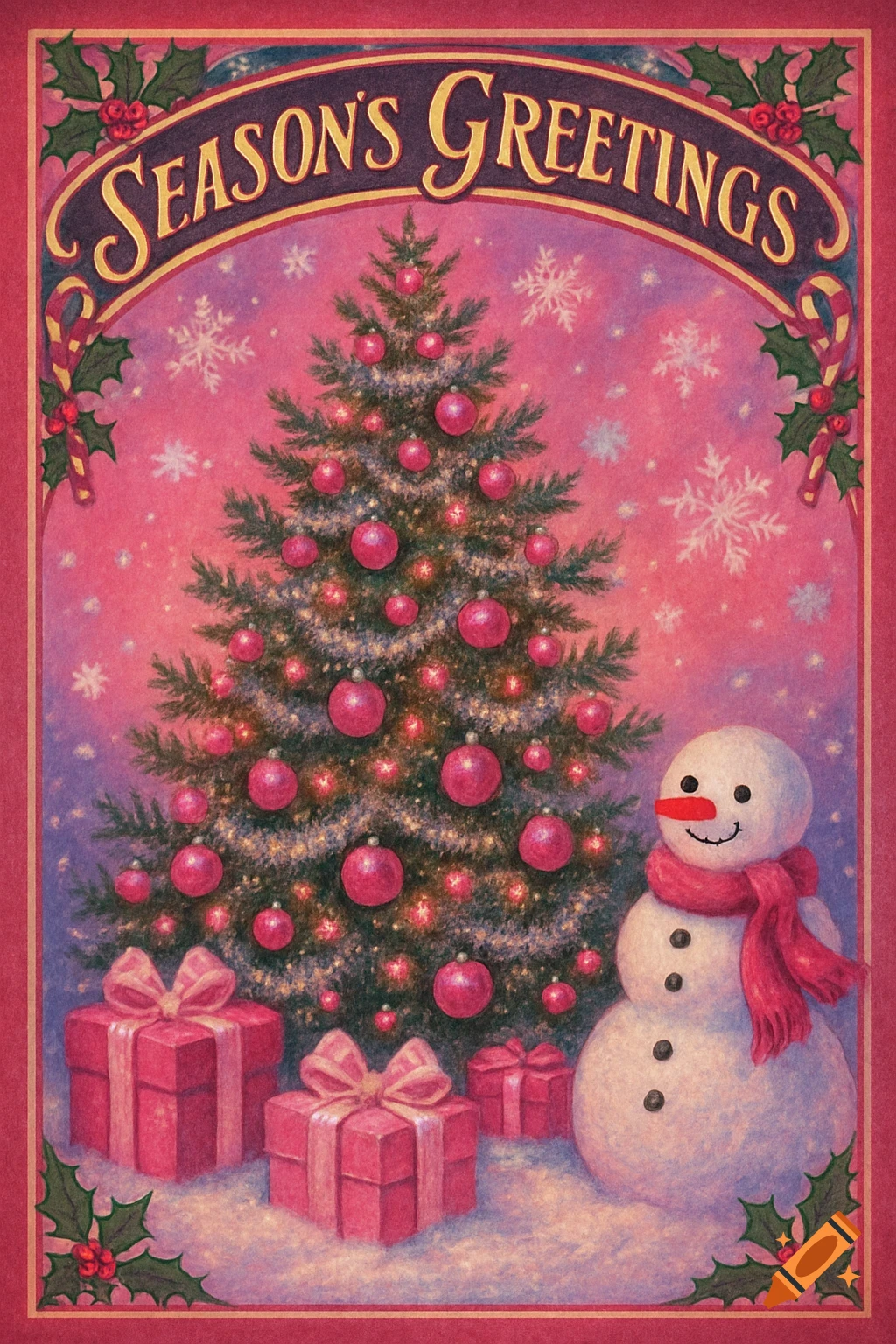 A pink Christmas card with a decorated tree, gifts, and a snowman, featuring 'SEASON'S GREETINGS' text.