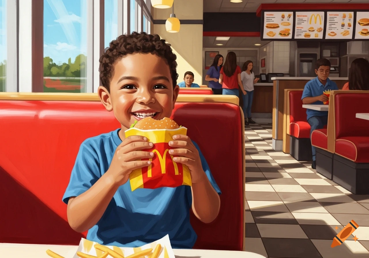 A happy brown child eating a McDonald's burger and fries in a brightly lit restaurant, rendered in an illustrative style.