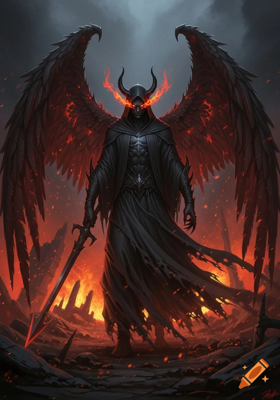 A demonic figure with large black wings, glowing red eyes, and horns wreathed in fire stands in a fiery hellscape, holding a sword.