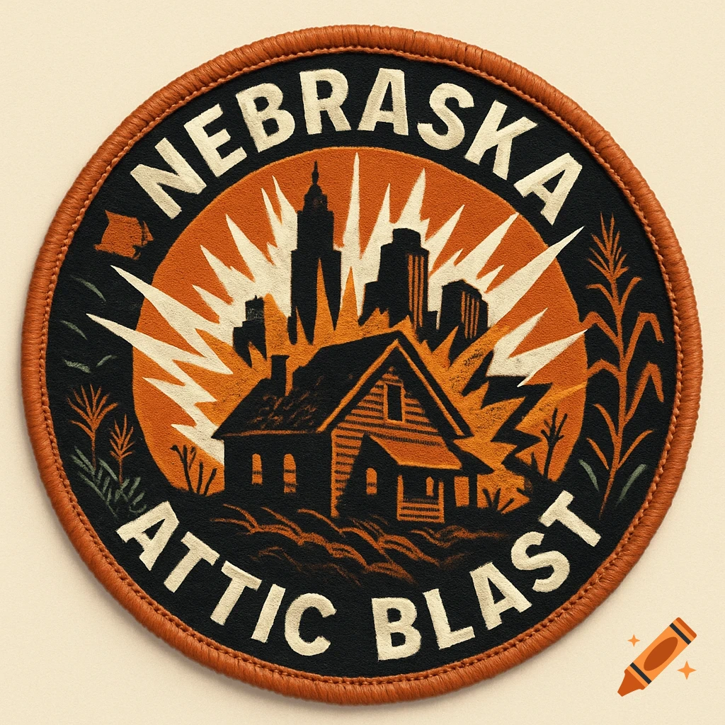 Round iron-on patch with 'NEBRASKA ATTIC BLAST' text, featuring a house exploding, a city skyline, and cornfields.
