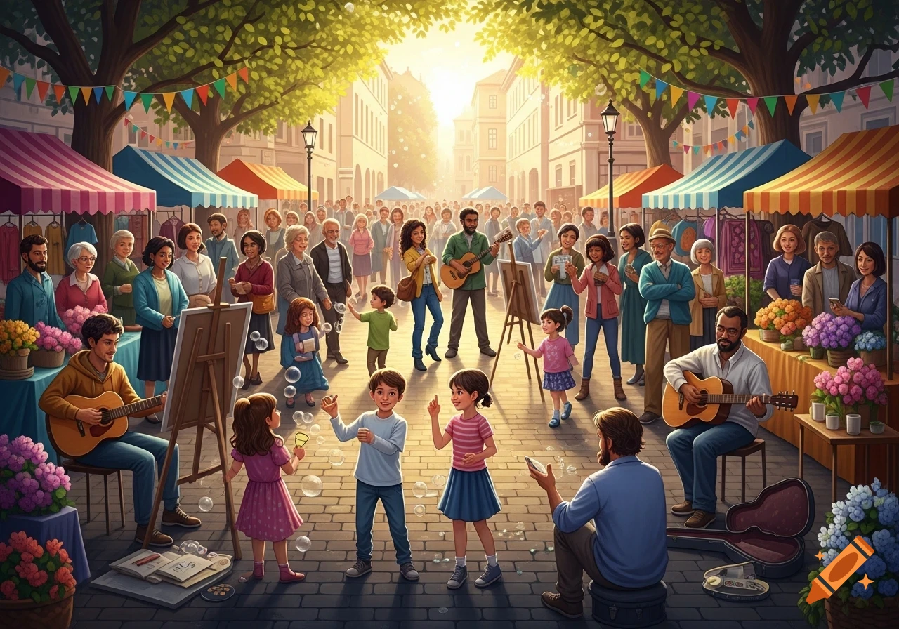 A vibrant street market bustling with people, including musicians, artists, and children playing with bubbles, under sun-dappled trees.