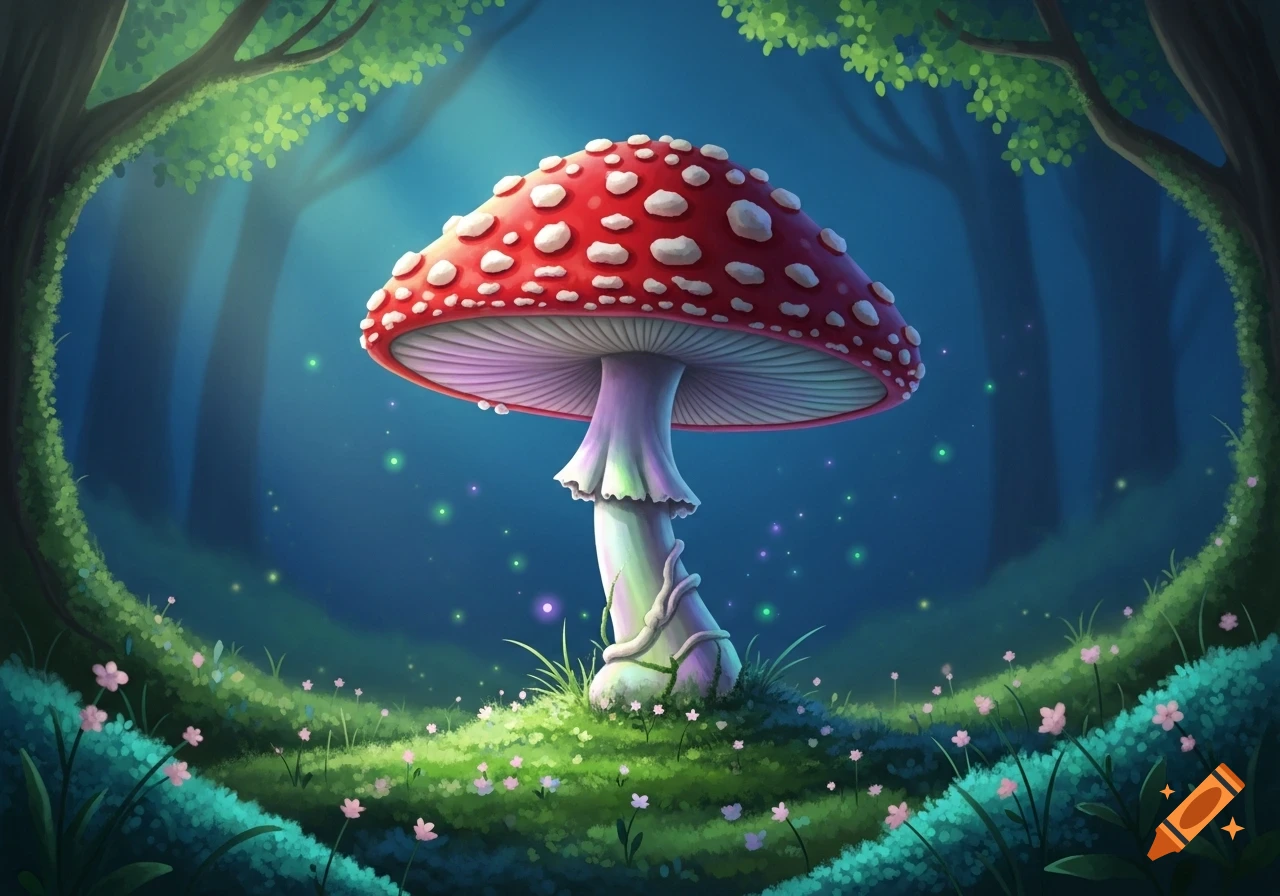 A large, red and white spotted mushroom glows in a magical, dark forest with fireflies and small pink flowers.