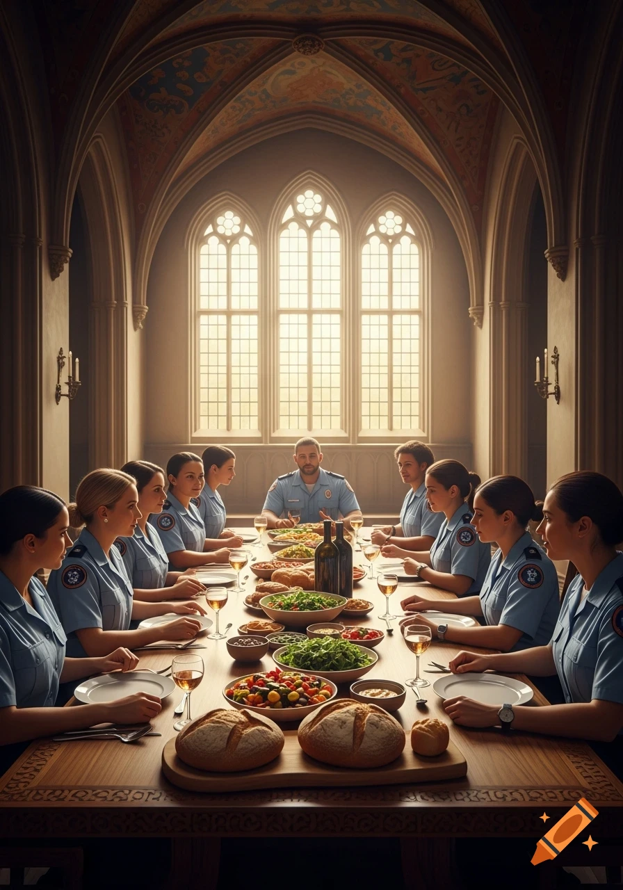 Paramedics in light blue uniforms gather for a meal at a long table in a grand hall with gothic windows, filled with food.