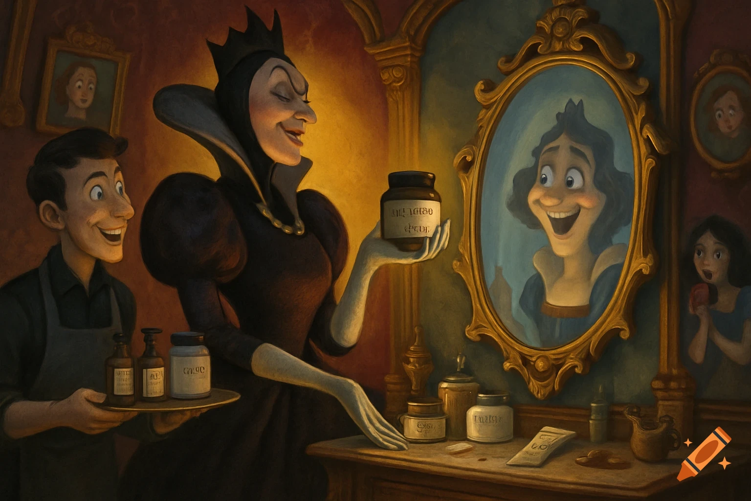 An evil queen in a dark gown holding a jar, looking at her reflection in an ornate mirror. A man offers a tray of bottles, and Snow White looks on from the background. Stylized digital painting.