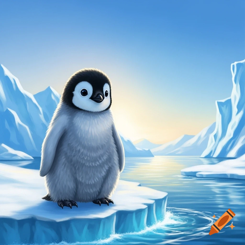 A fluffy baby penguin stands on an iceberg in a serene arctic landscape with mountains and water.