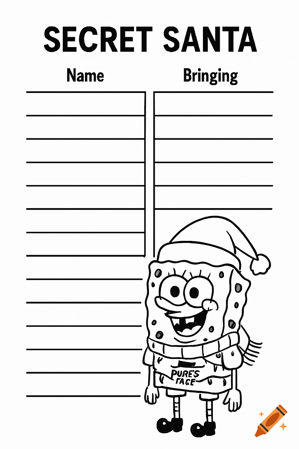 A black and white Secret Santa sign-up sheet with columns for 'Name' and 'Bringing,' featuring SpongeBob SquarePants in a Santa hat and scarf.