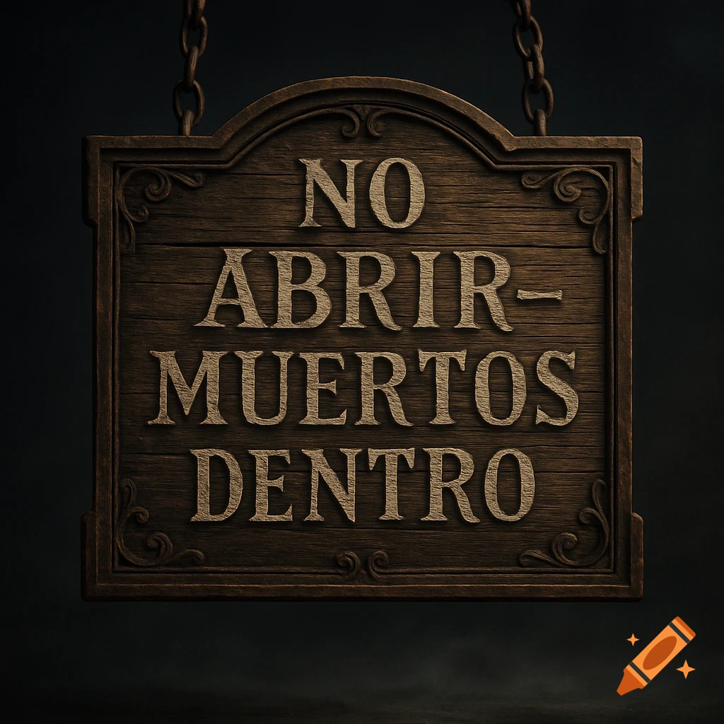A dark, medieval-style wooden sign with the Spanish text "NO ABRIR - MUERTOS DENTRO" carved into it, hanging by chains.