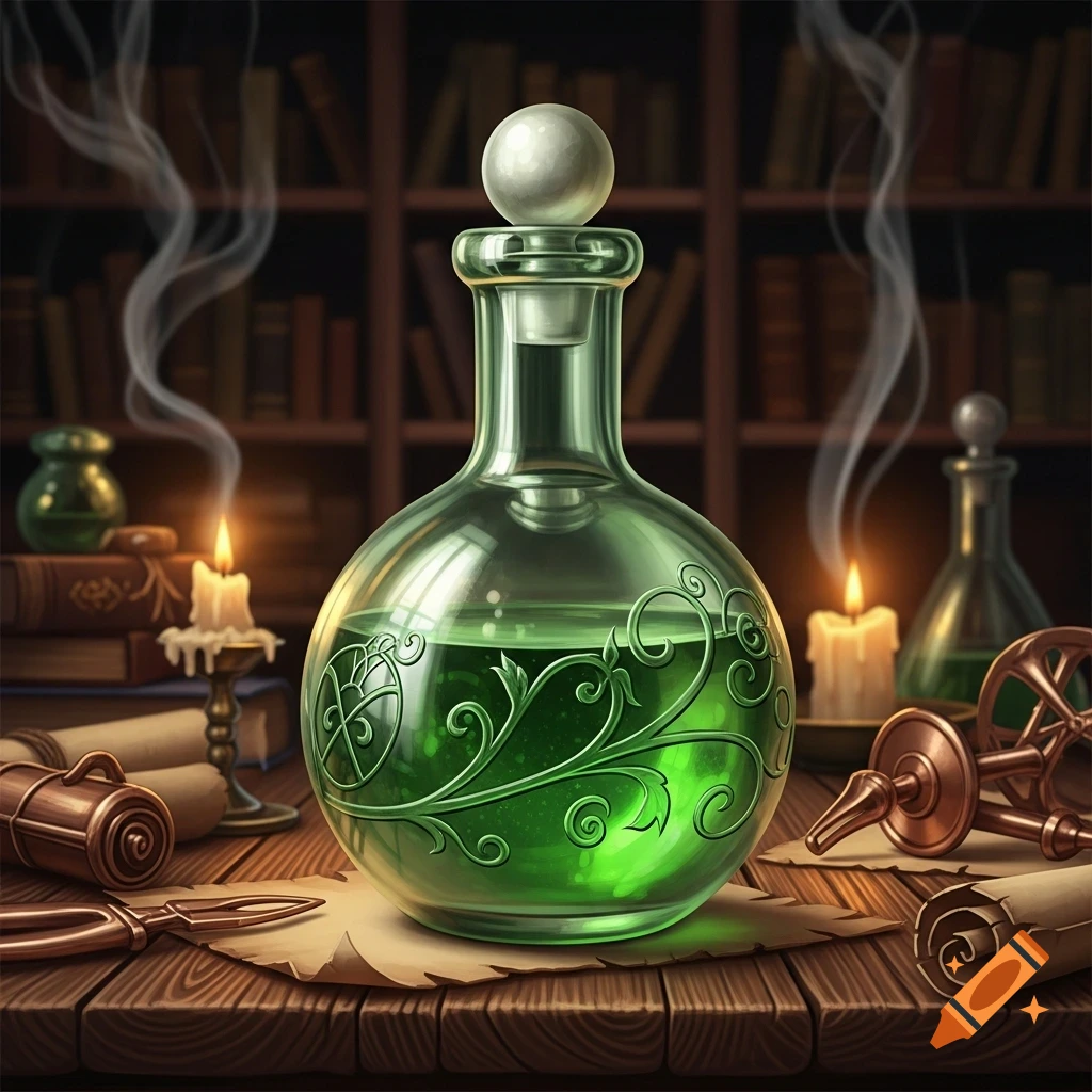 A prominent ornate glass flask filled with glowing green liquid, on a wooden table amidst old books, burning candles, and scrolls.