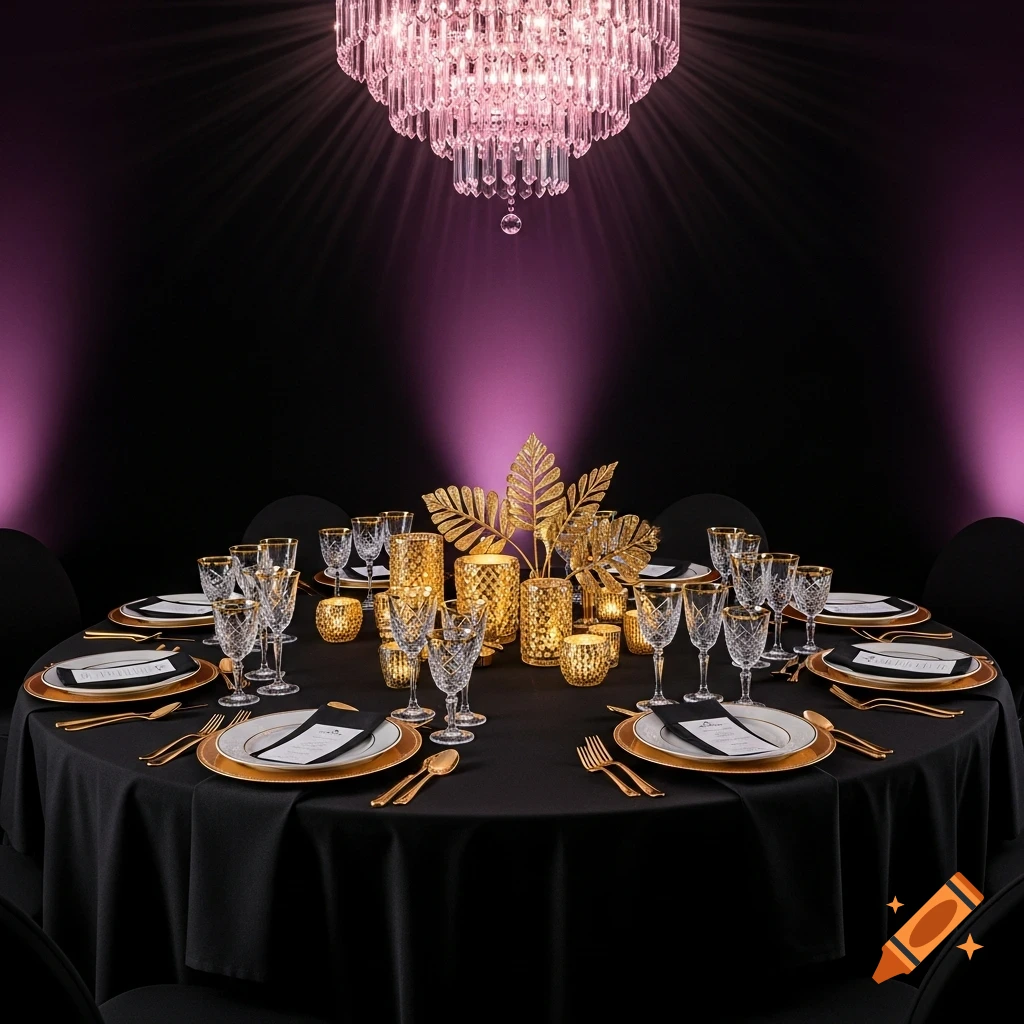 A festively set round dining table with a black tablecloth, golden decor, crystal glasses, and gold-rimmed plates under a pink crystal chandelier.