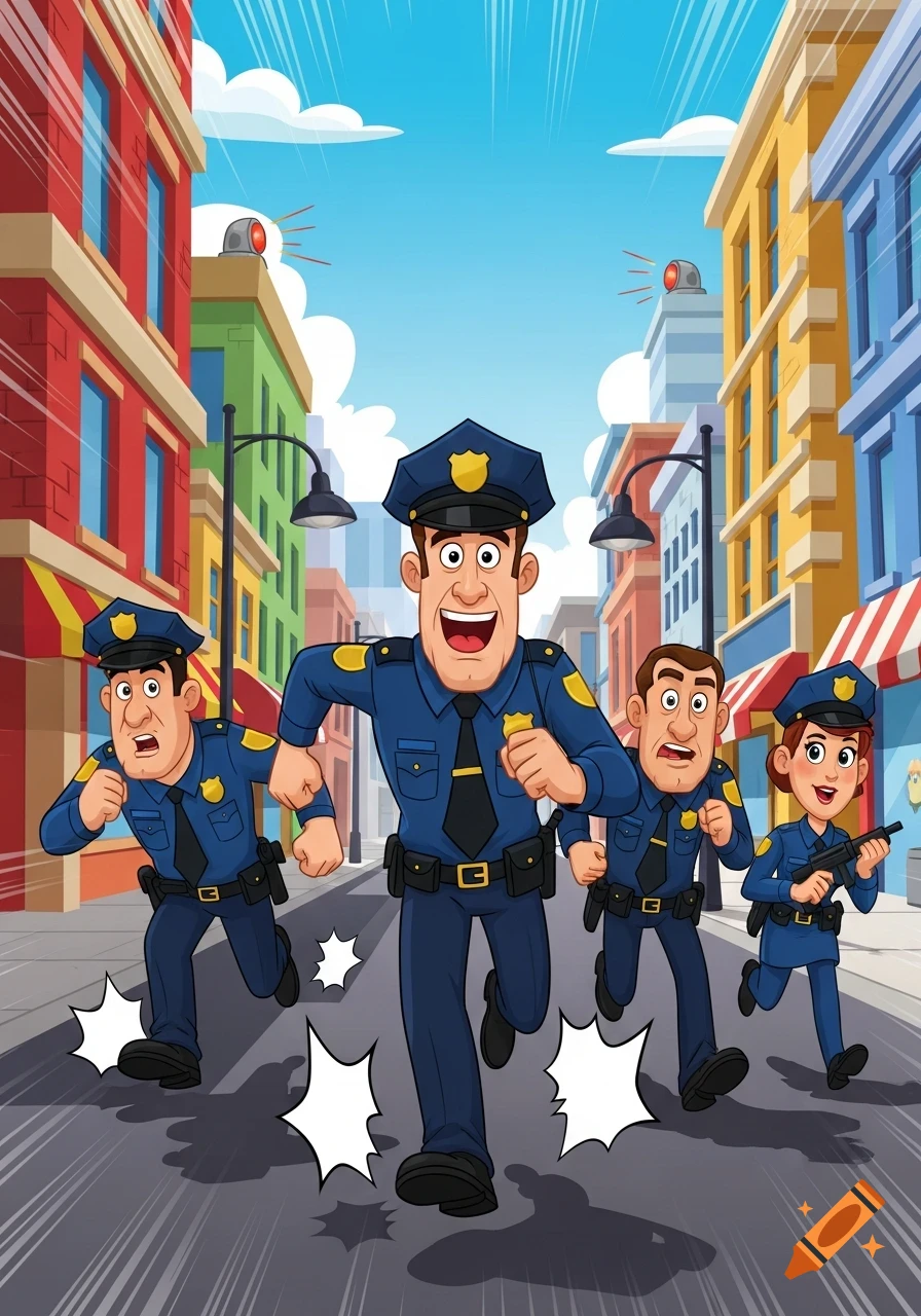 Four cartoon police officers in blue uniforms running down a city street lined with colorful buildings.