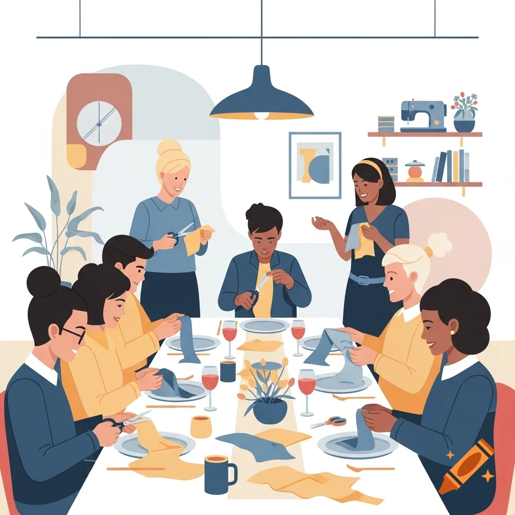 An illustration of diverse people at a long table, cutting fabric and sewing, some talking, in a workshop setting with a sewing machine in the background.