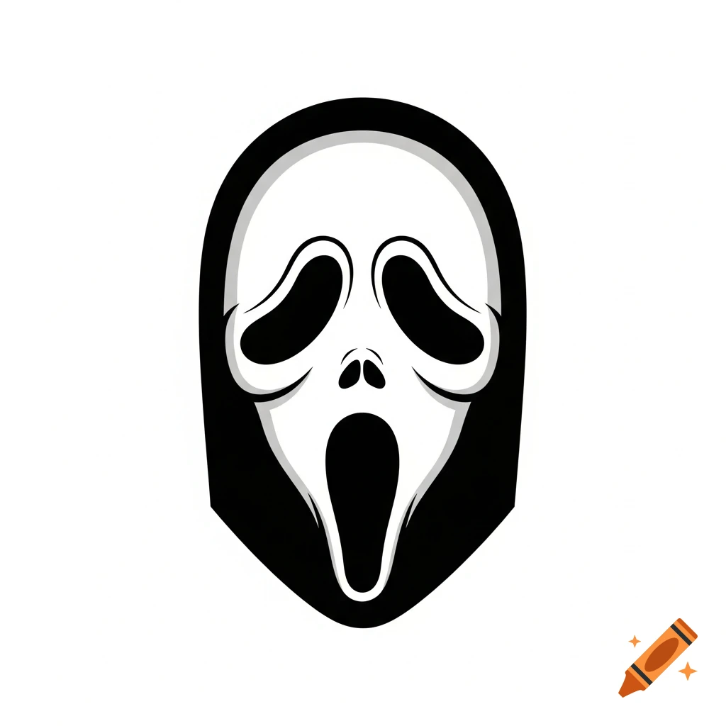 Minimalist black and white icon of a screaming mask in the style of Ghostface, with bold outlines and subtle shading.