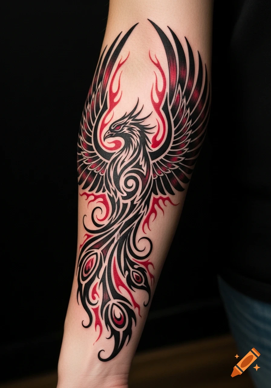 A vibrant black and red tribal phoenix tattoo with swirling patterns on a forearm.