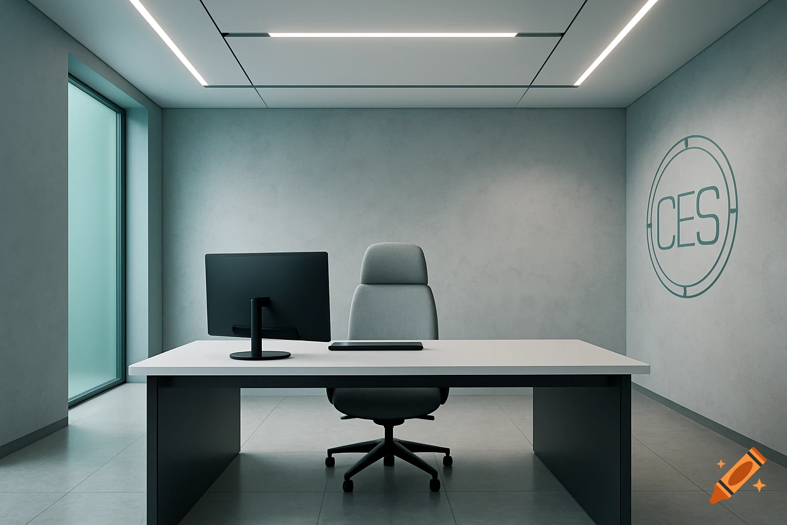 A modern, minimalist office with a white desk, grey office chair, computer monitor, and a blue 'CES' logo on the concrete wall.