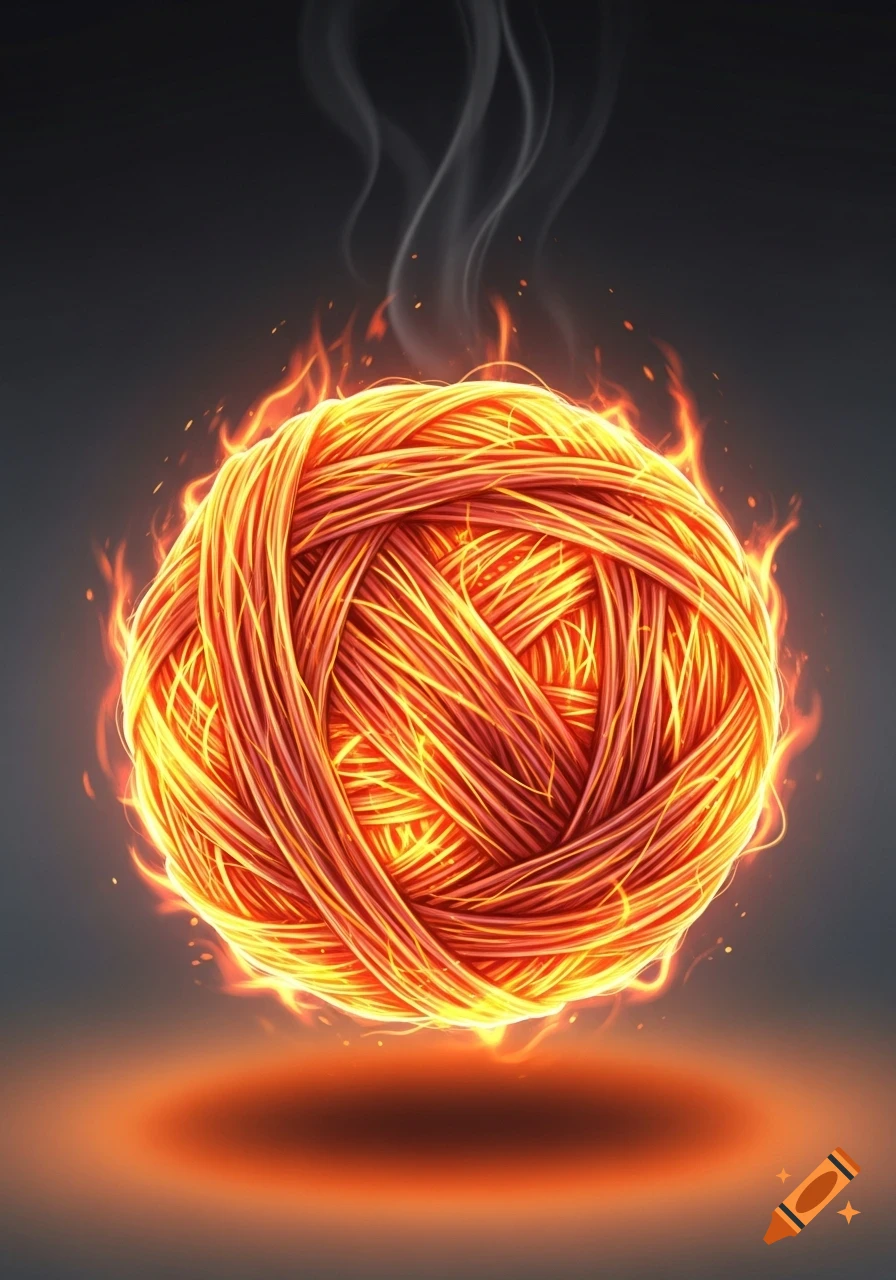 A vibrant ball of orange and red yarn engulfed in bright flames, with wisps of smoke rising above it on a dark gray background.