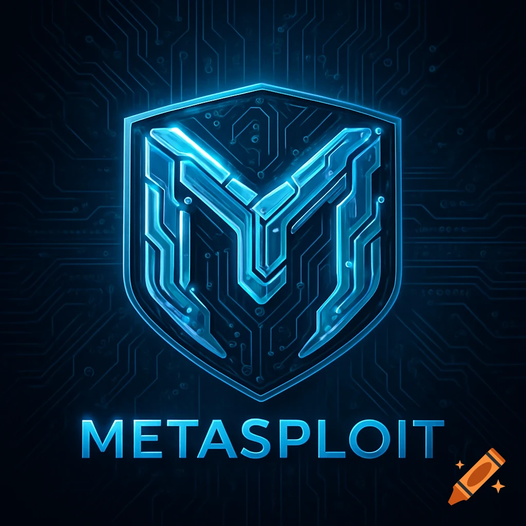 Blue glowing futuristic Metasploit logo, shield-shaped with a stylized 'M' on a circuit board background.