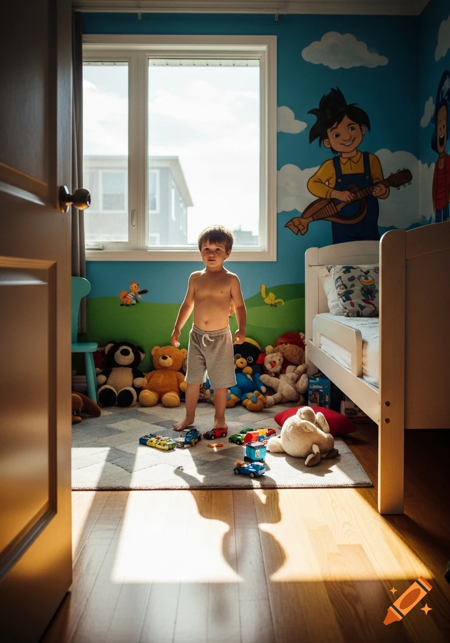 A young boy stands shirtless in a brightly lit bedroom filled with toys and cartoon wall murals.